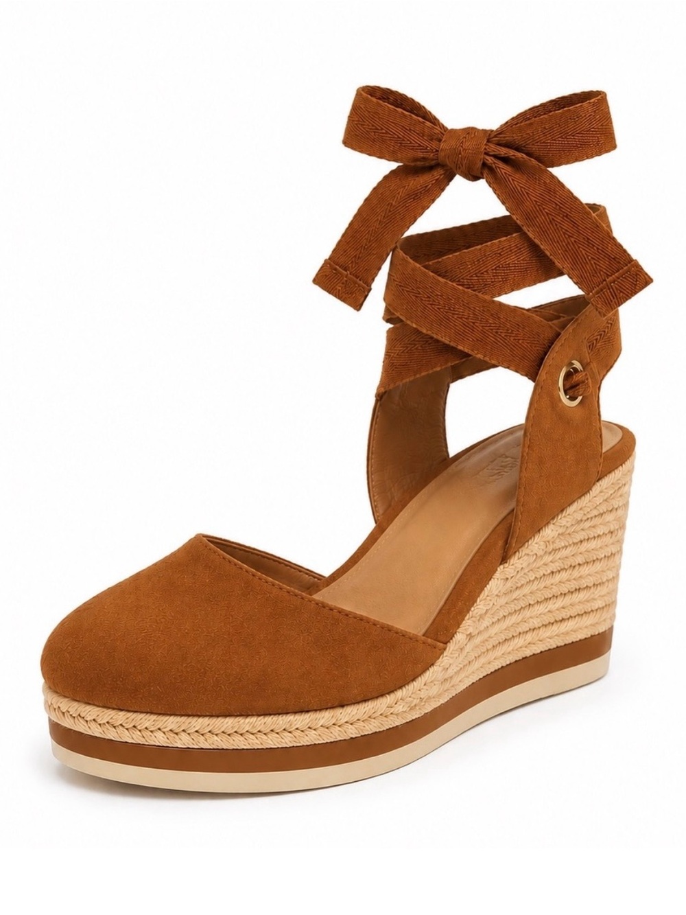 JLO Jalina Cognac Espadrille Wedge Sandals Ankle Wrap